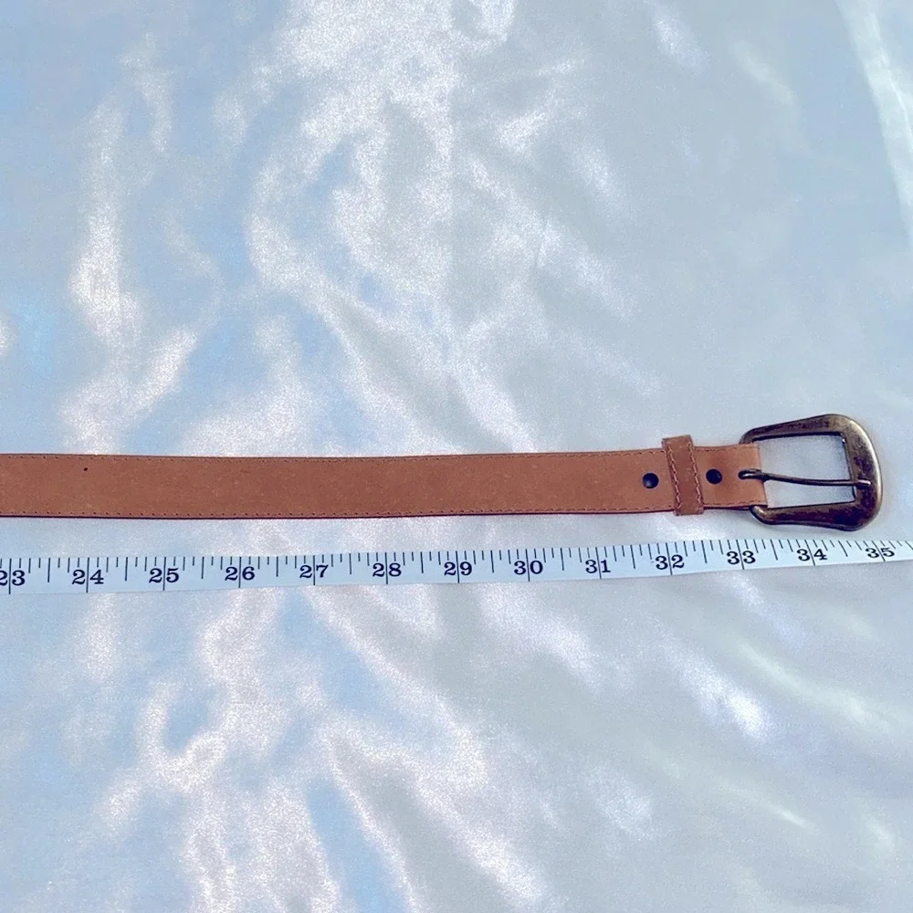 Womens Tan Brown Adjustable Waist Belt Small Medium Antique Brass Buckle‎